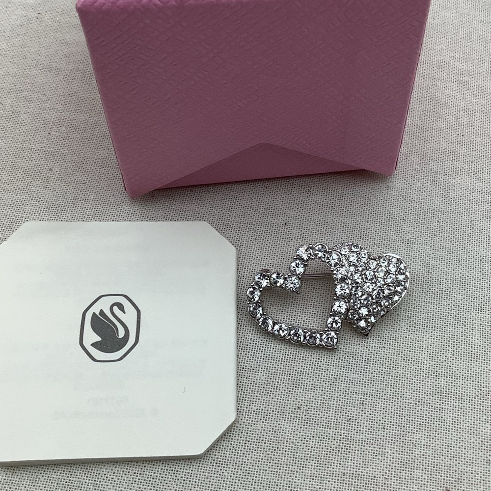 😎30%off Swarovski Silver Double Heart Brooch #28SB